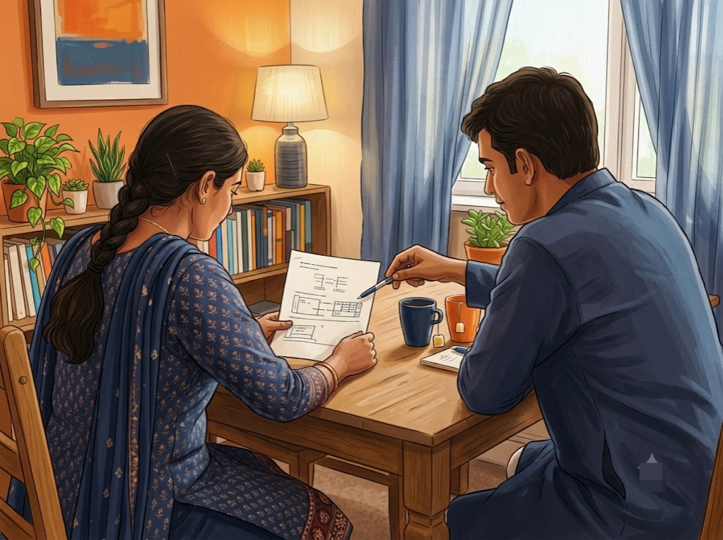 Indian person sitting across from a counsellor at a table, reviewing a simple document together.
