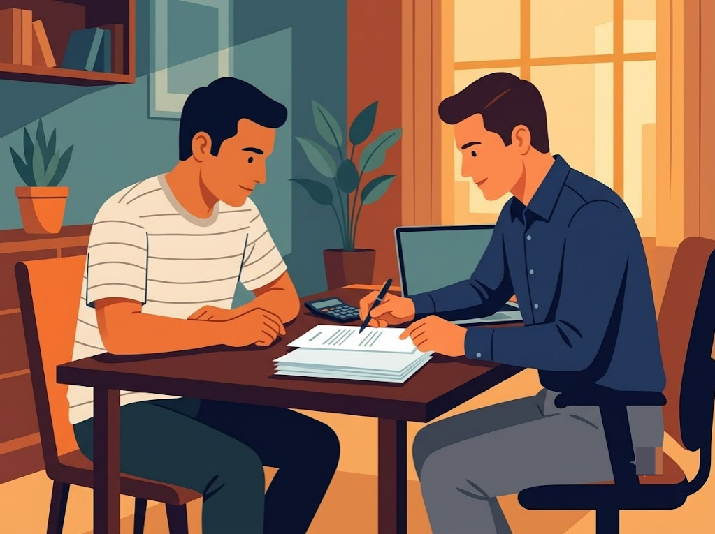 Indian borrower reviewing loan settlement offer letter with bank staff