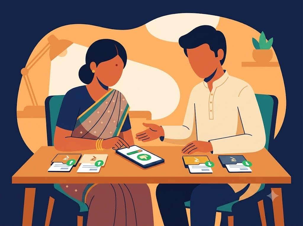 Indian person reviewing multiple loan accounts with guided support, hopeful tone