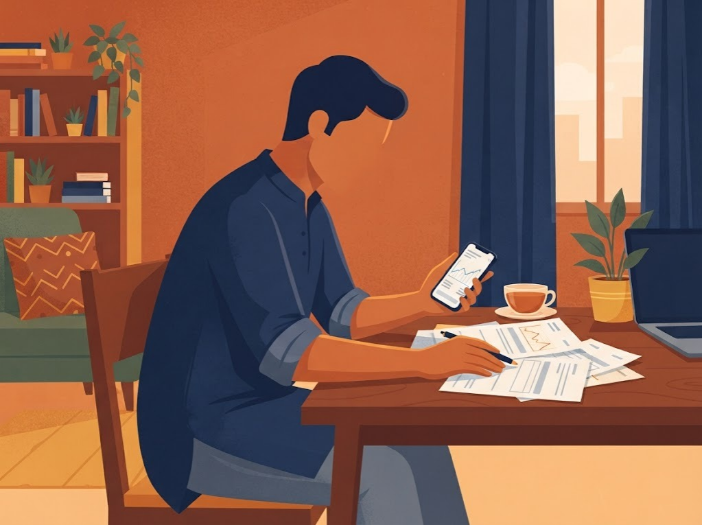 Indian borrower reviewing overdue loan statement at home, worried but calm