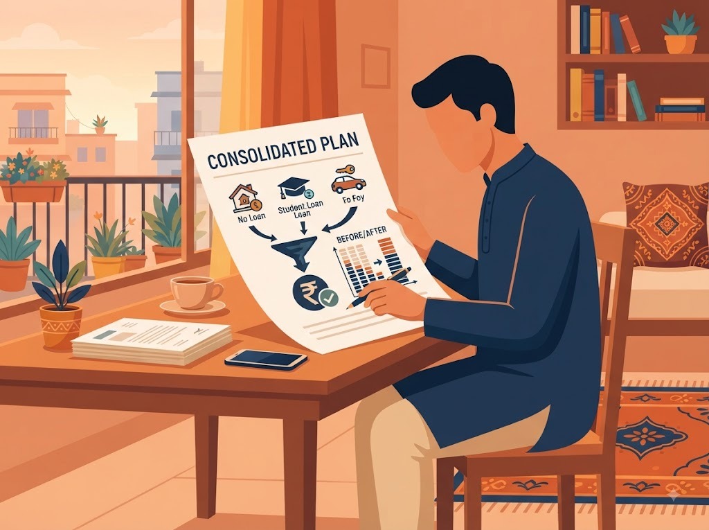 Indian borrower reviewing a single consolidated EMI plan at home