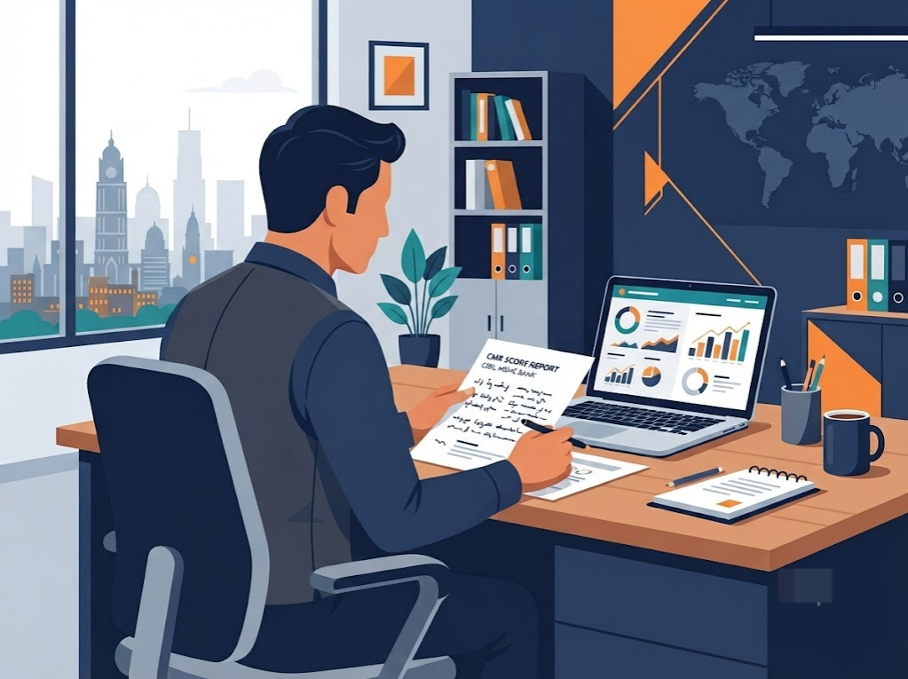Indian business owner reviewing CIBIL MSME Rank CMR score report
