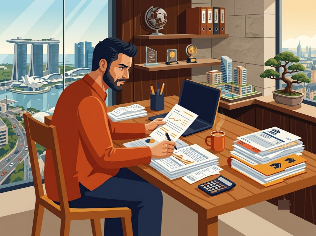 Indian small business owner reviewing business and personal finance documents separately