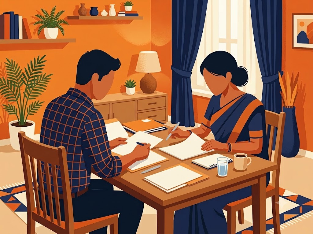 Indian couple reviewing Axis Bank personal loan settlement documents at home.
