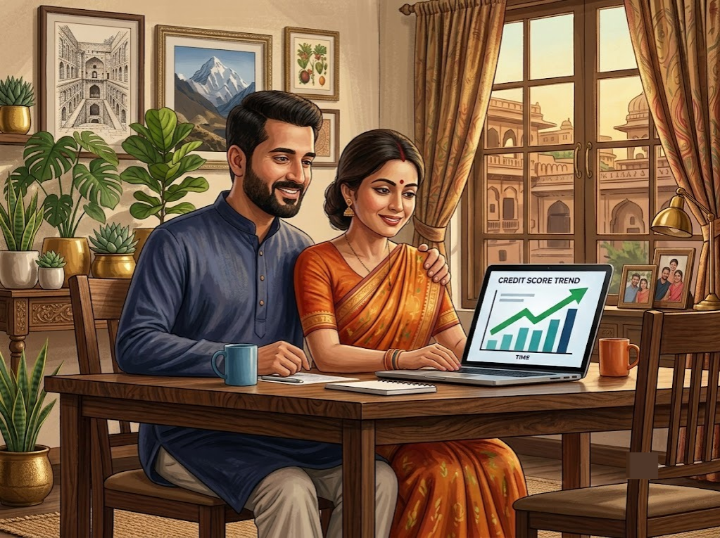 Indian couple reviewing rising CIBIL score after doubtful NPA DBT account resolution