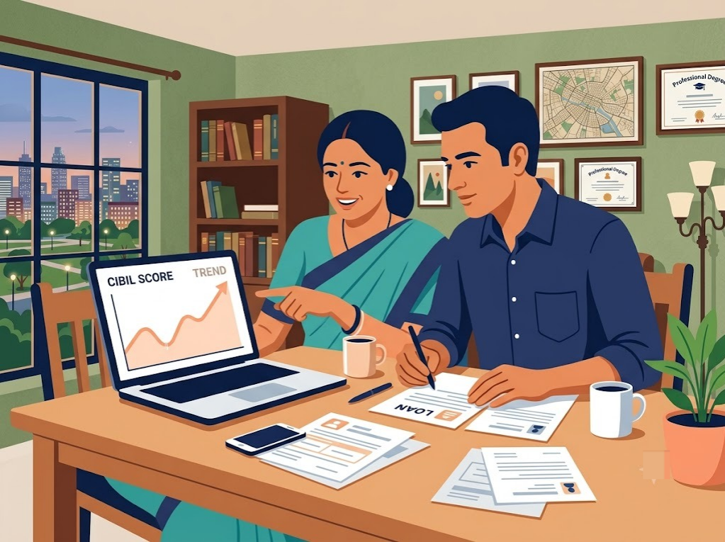 Indian couple reviewing loan documents with rising CIBIL score graph after cheque bounce recovery