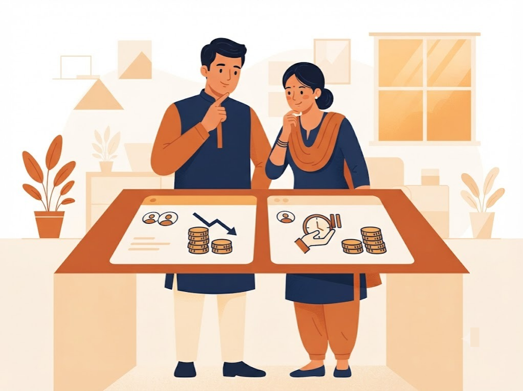 Indian couple comparing loan repayment options including consolidation and moratorium