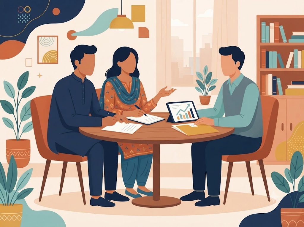 Indian couple discussing debt relief options with support figure, FREED helping illustration