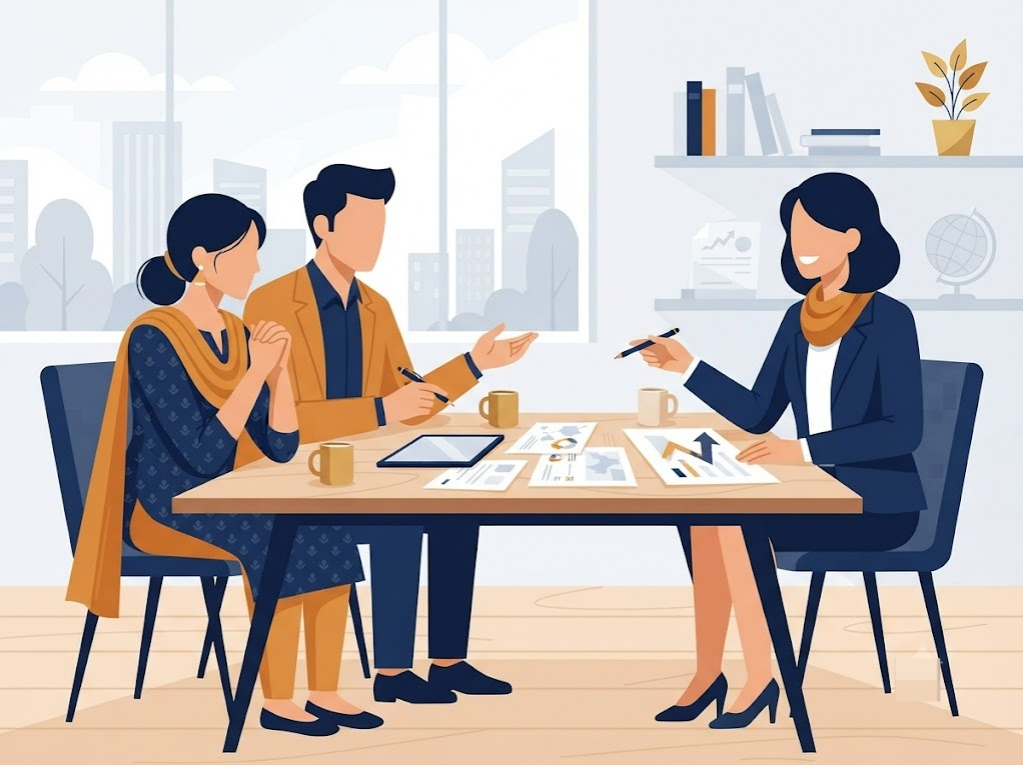 Indian couple discussing settlement plan with counsellor, hopeful illustration