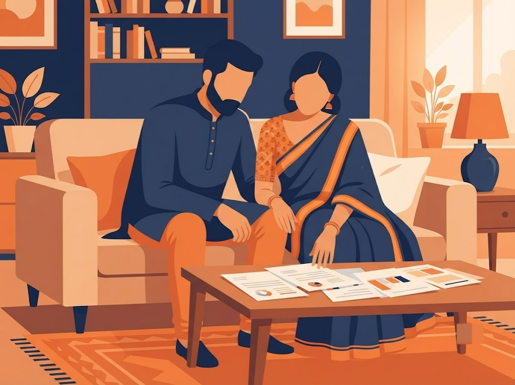 An Indian couple discussing loan options for a low credit score together