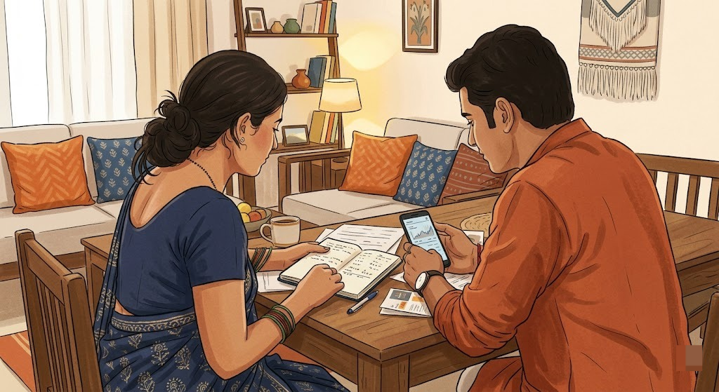 Indian couple discussing loan repayment options after a counseling session
