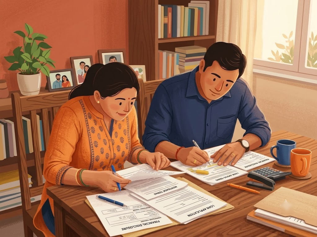 Indian couple in their 30s sitting at a table reviewing loan documents.