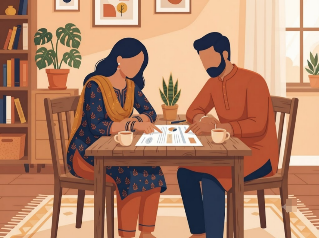 Indian couple reviewing a single consolidated loan document together at home