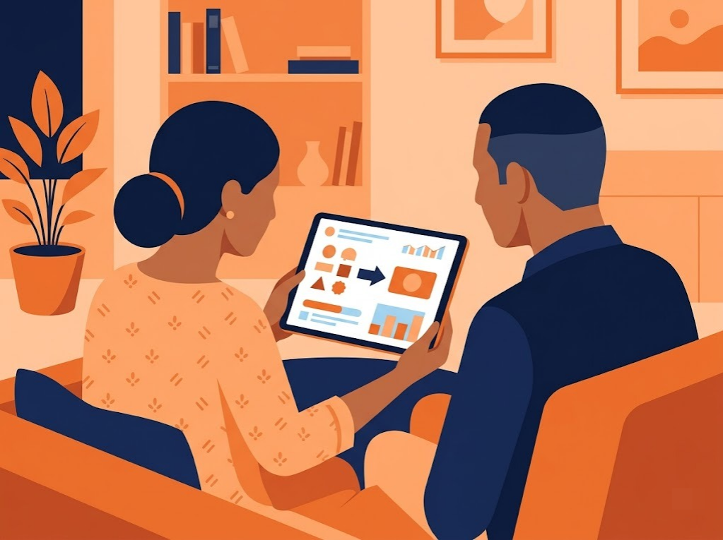Indian couple reviewing a single consolidated loan plan on a tablet.