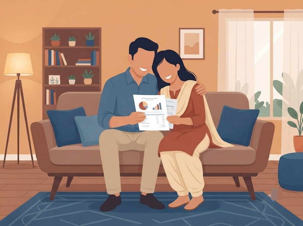 Indian couple reviewing consolidated single EMI plan together at home