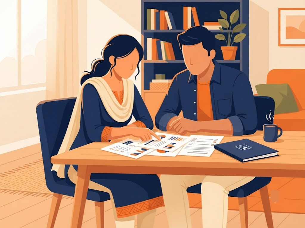 Indian couple reviewing debt repayment options together at home