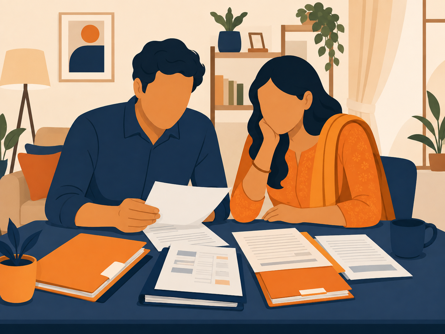Indian couple reviewing loan documents from several unsecured personal loan companies at home