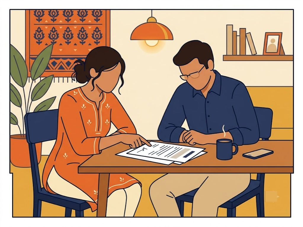 Indian couple reviewing a loan application document at home