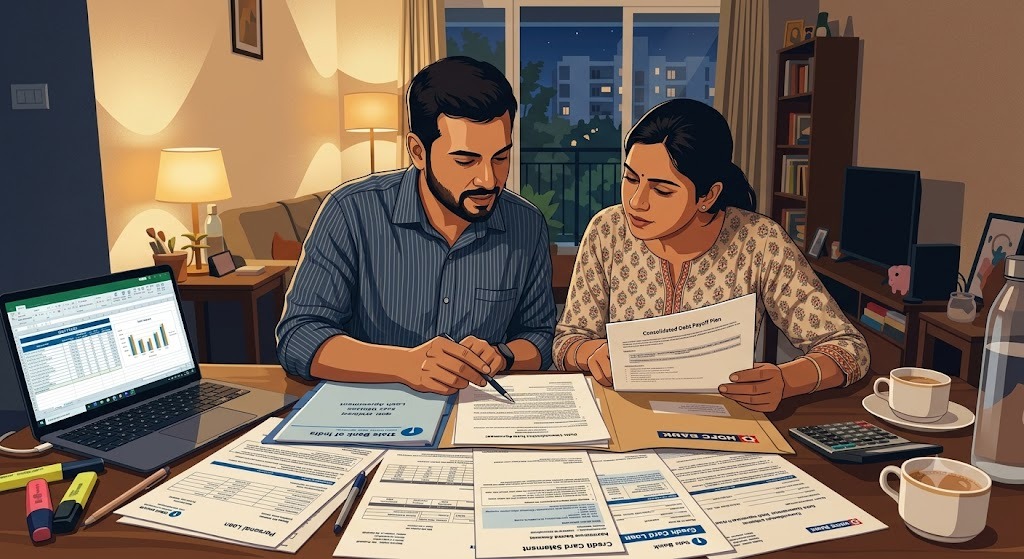 Indian couple reviewing multiple loan documents together, planning debt consolidation
