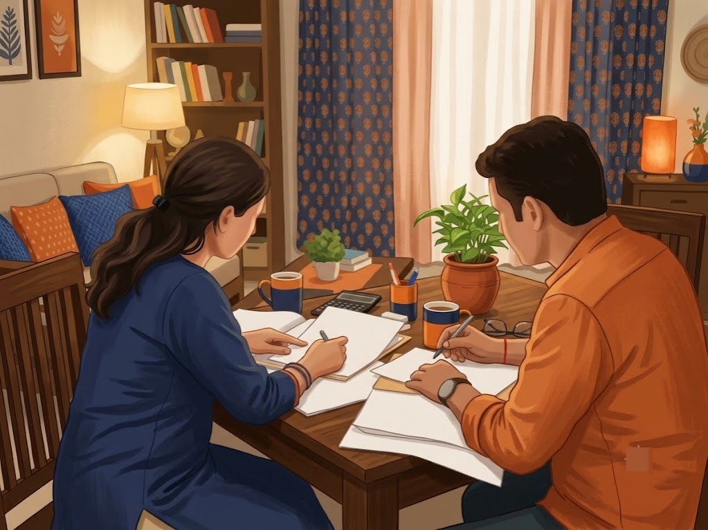 Indian couple in their 30s sitting at a table reviewing loan documents