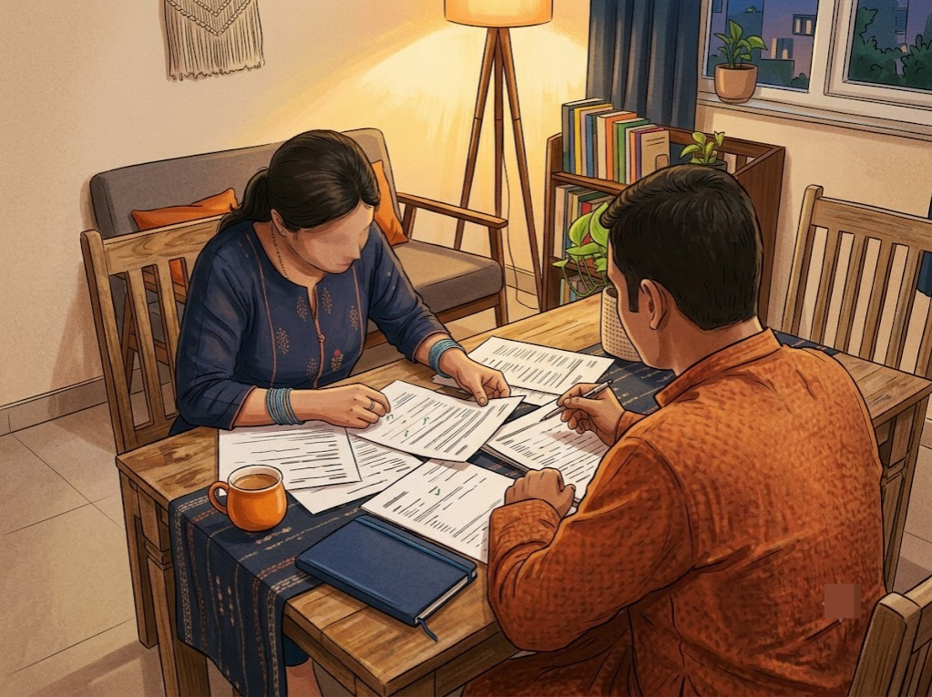 Indian couple reviewing loan settlement documents at a table