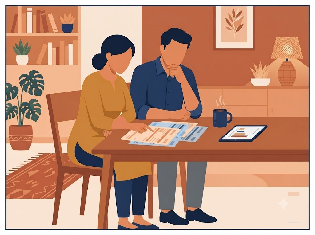 Indian couple reviewing multiple credit card bills together at home
