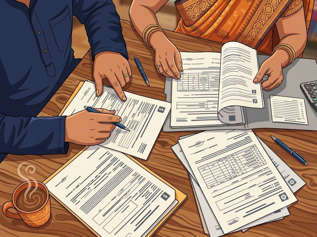 Indian couple in their 30s sitting at a table reviewing loan documents.