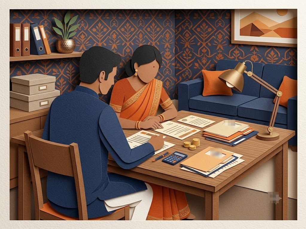 Indian couple reviewing Union Bank of India loan settlement documents at home.