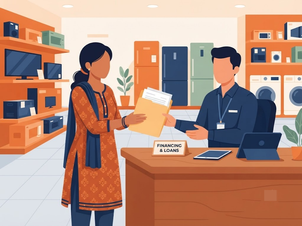 Indian customer handing documents to a store financing counter for a consumer durable loan.