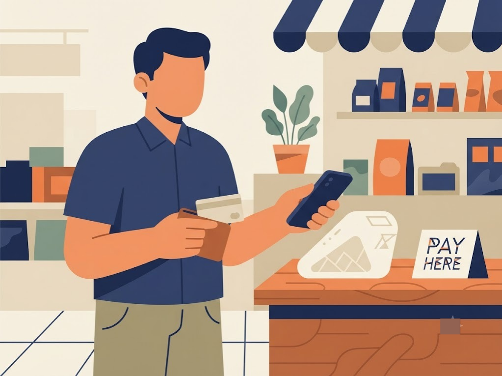 Indian customer holding a RuPay UPI credit card while making a payment on phone.