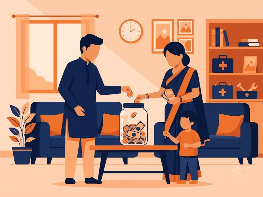 Indian family building an emergency fund savings jar
