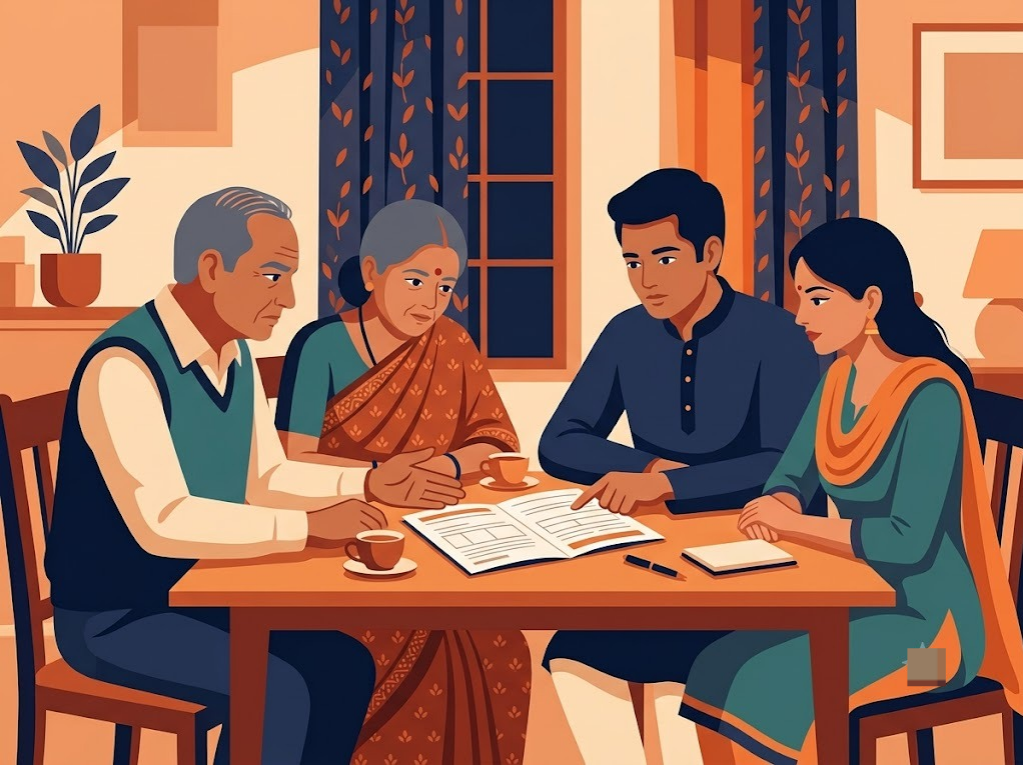 Indian family discussing a co-applicant loan option for a first-time borrower