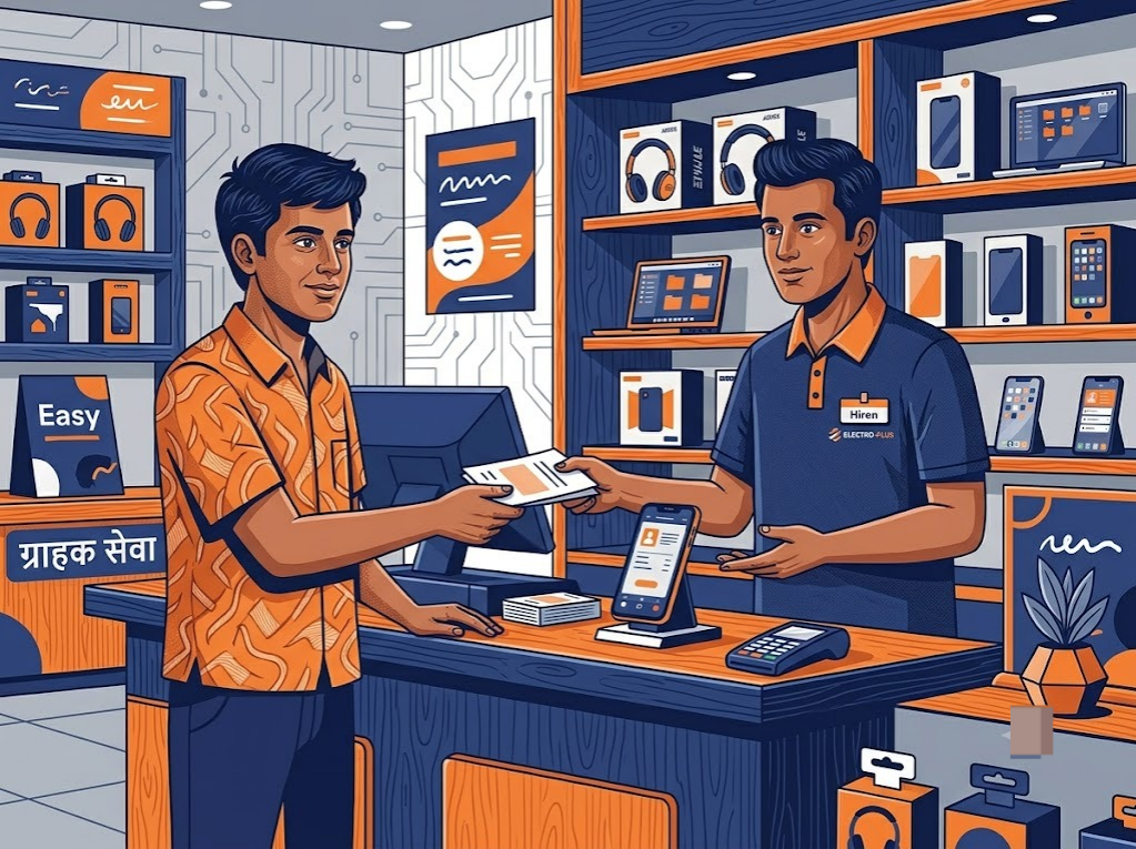 Indian man at electronics store getting mobile on EMI without CIBIL score approval