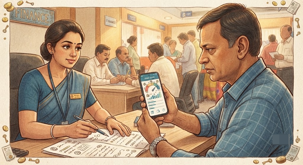 Indian man checking CIBIL score range on phone before applying for a bank loan