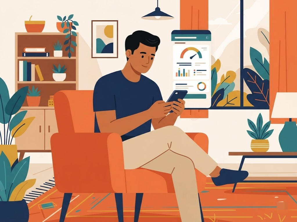 Indian man checking his credit bureau report and score on a phone
