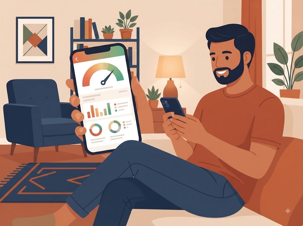 Indian man checking his credit score on a phone app without a locked file
