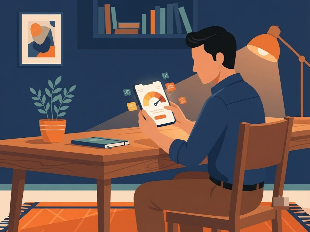 Indian man checking loan credit score report on phone at home