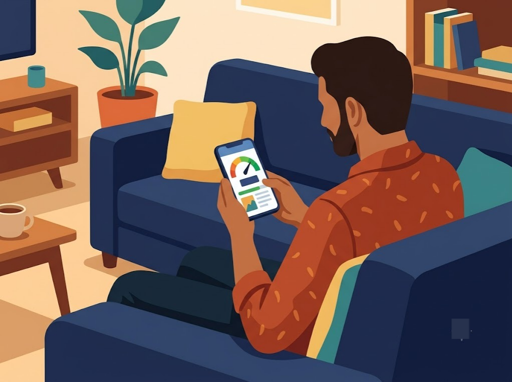 Indian man checking Equifax credit report and score on smartphone at home
