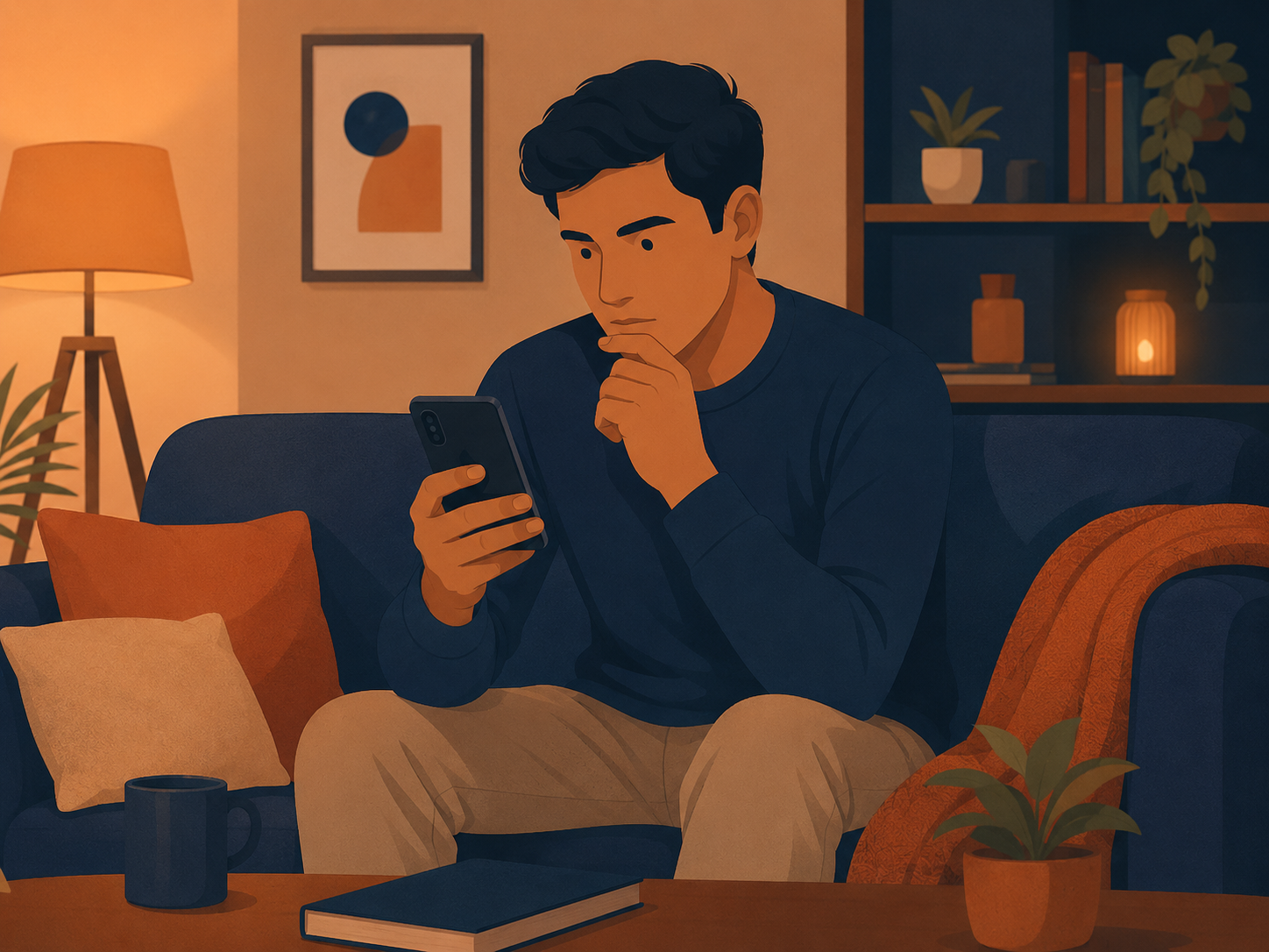 Indian man sitting on a sofa at home and carefully checking his phone in a warm navy and orange setting.
