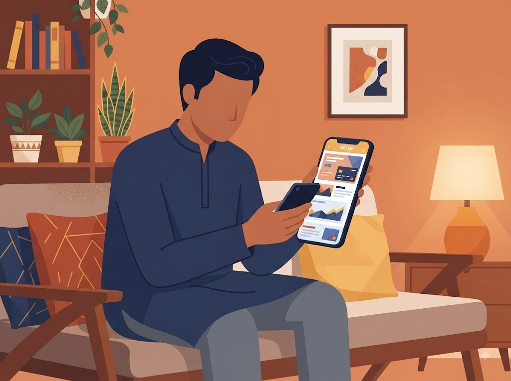 Indian man reviewing SBI credit card balance transfer options on a phone