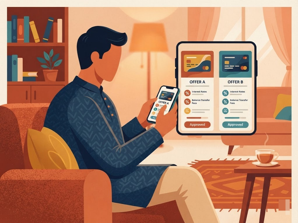 Indian man comparing balance transfer card offers on a phone