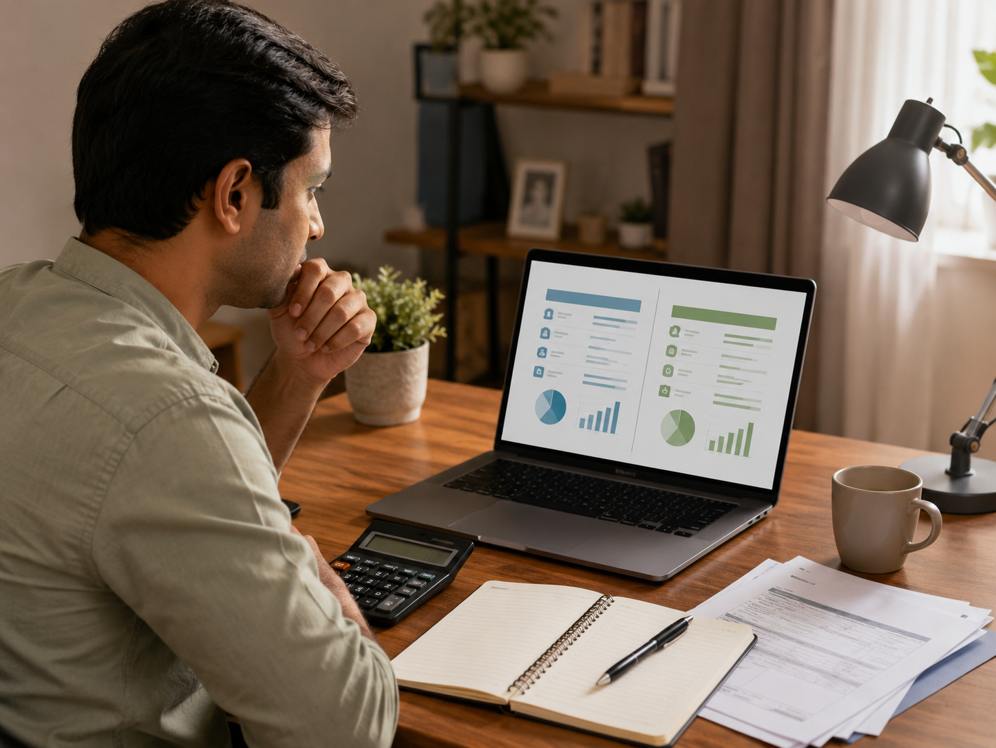 Indian man comparing two loan offers on a laptop with a calculator and documents nearby, reviewing total loan cost before choosing an option.