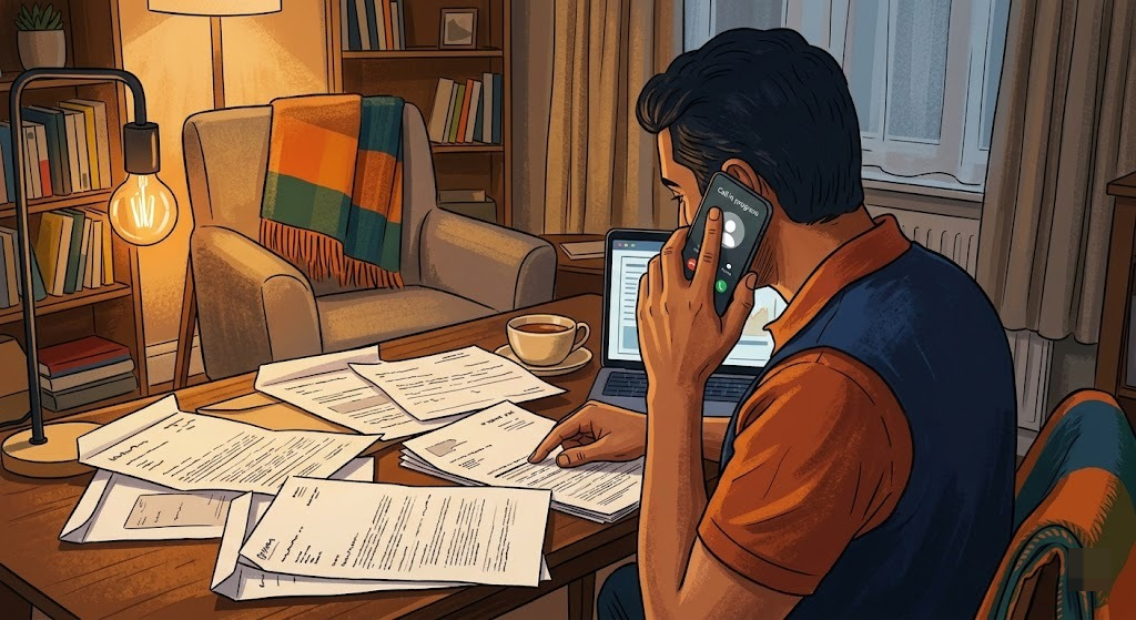Indian man reviewing loan documents during a debt management counseling call