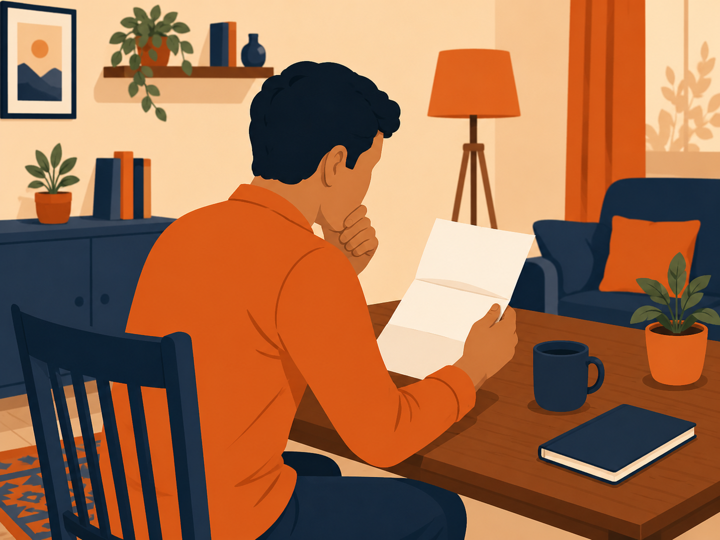 Flat illustration of an Indian man reading a formal letter at home in a warm orange and navy setting.