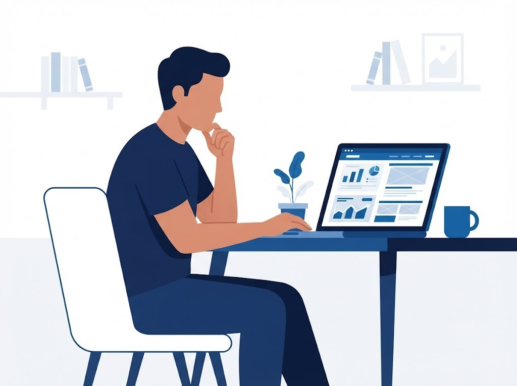 Indian man researching financial counseling options on laptop at home