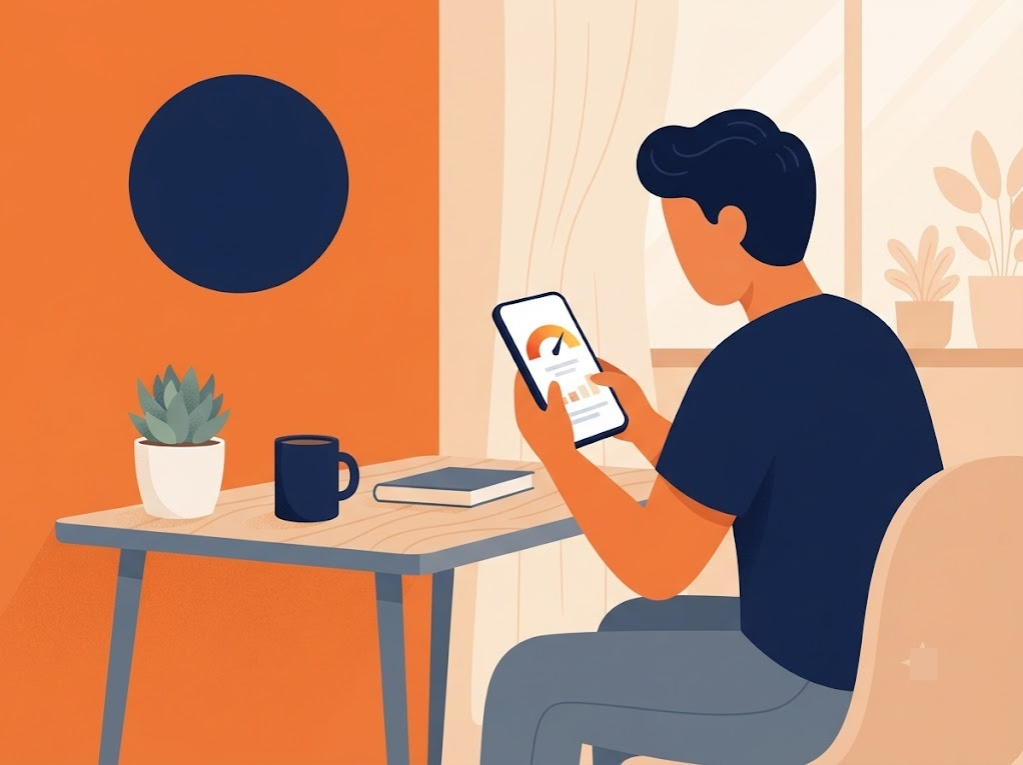 Indian man reviewing his CIBIL score meaning on smartphone at home