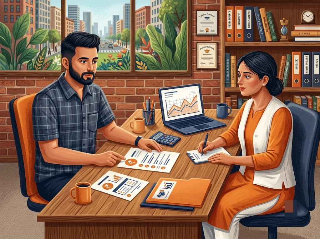 Indian man reviewing loan settlement options for doubtful NPA DBT account with counsellor
