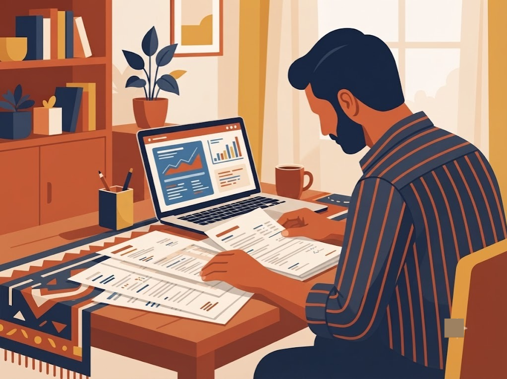Indian man reviewing ICICI bank loan restructuring documents at home table