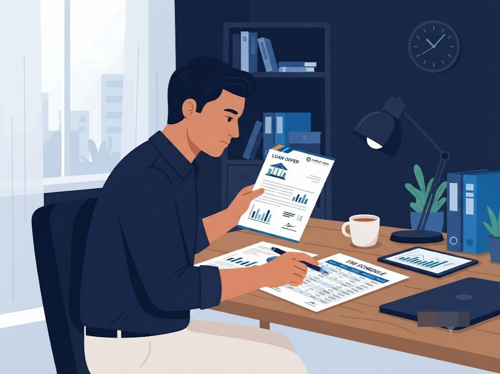 Indian man reviewing loan offer and current EMI schedule together