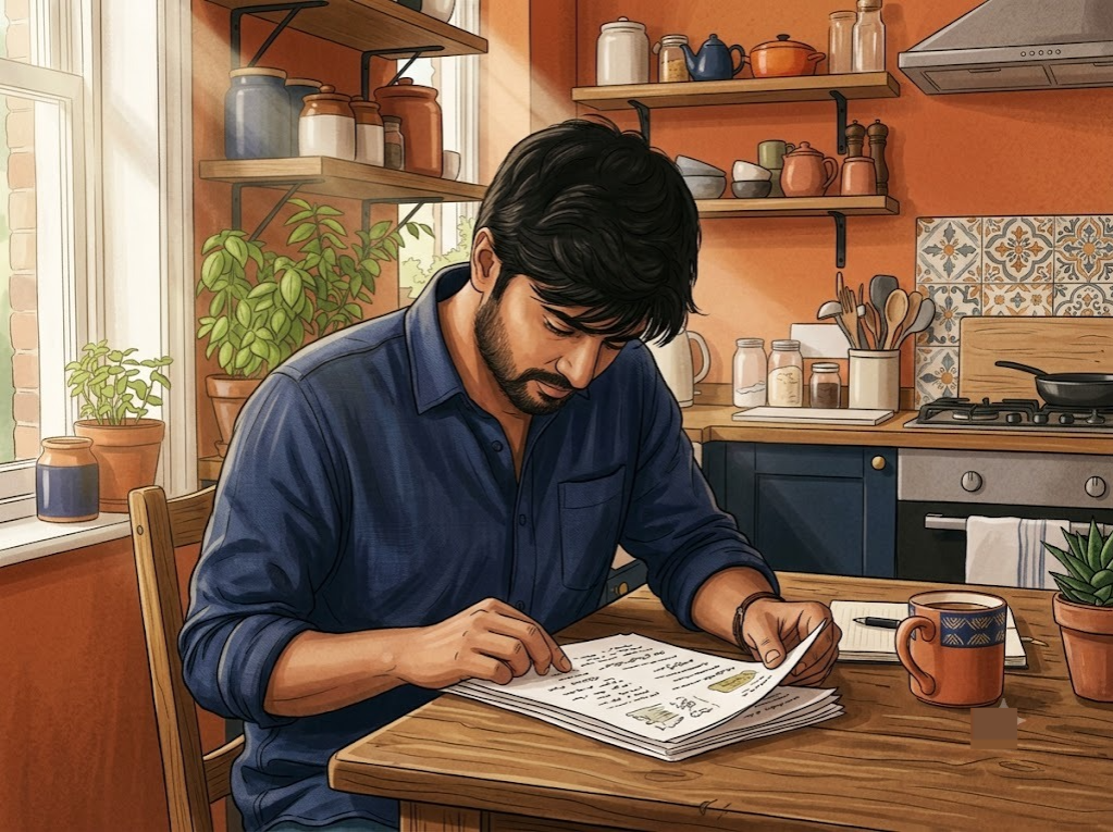 Indian man in his 30s at a kitchen table reviewing a document,